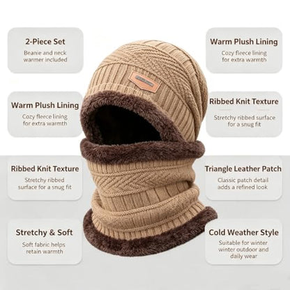 Khaki Knit Balaclava Hat Fleece Lined Winter Neck Warmer Set