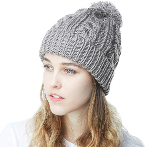 Women and Men Beanie Daily Winter Oversized Thick Stretchy Knitted Pom Pom Beanie Fleece Lined Beanie Hat - color: 1. Curly Grey