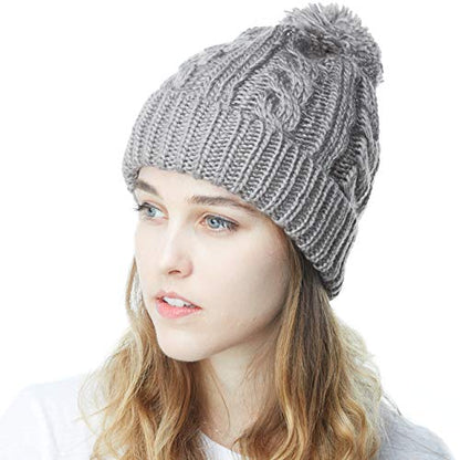Women and Men Beanie Daily Winter Oversized Thick Stretchy Knitted Pom Pom Beanie Fleece Lined Beanie Hat - color: 1. Curly Grey