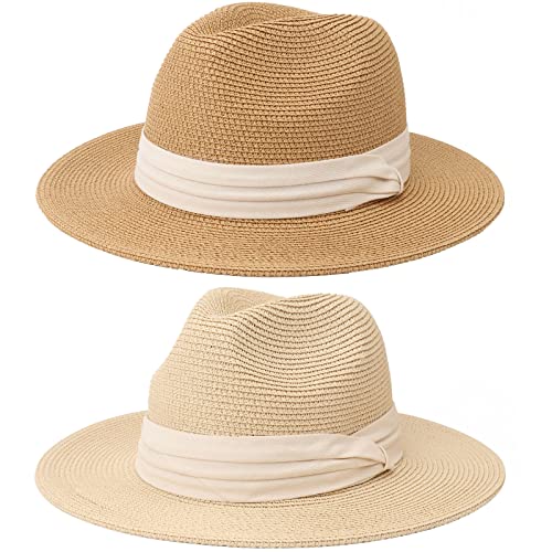 DRESHOW Women Straw Panama Hat Travel Fedora Beach Sun Hat Summer Wide Brim Straw Roll up Hat UPF 50+ - color: Z Two Pack: Fedora Khaki & Beige