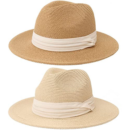DRESHOW Women Straw Panama Hat Travel Fedora Beach Sun Hat Summer Wide Brim Straw Roll up Hat UPF 50+ - color: Z Two Pack: Fedora Khaki & Beige
