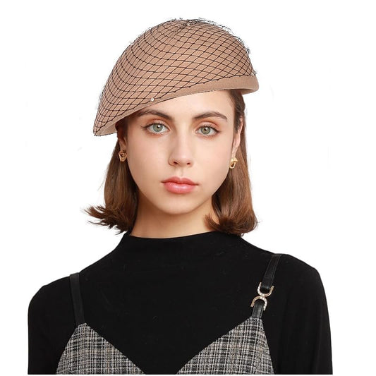 Vintage Wool French Beret Hat with Mesh Veil, Crystal Brooch Accent, Classic Beanie Winter Cap - color: Camel With Mesh Veil