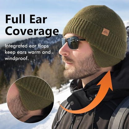 TOP-EX DryKnit™ 80% Merino Wool Waterproof Ear Flap Beanie M/L/XL - color: Green, size: Medium-Large