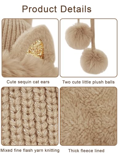 Womens Beanie Winter Hats Warm Pompom Faux Fur Crochet Skull Ear Cap - color: Khaki