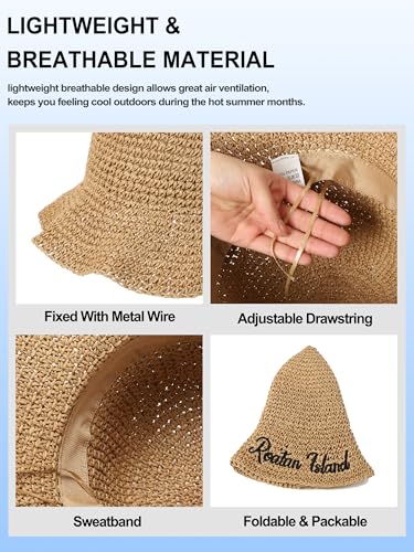 sy soul young Women's Straw Sunhat Wide Brim Hand Woven Beach Bucket Hat - color: Letter Khaki