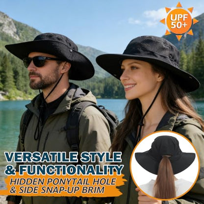 Cooling Sun Bucket Hat, UPF 50+ Wide Brim Boonie Hat with Ponytail Hole - color: 01 Black