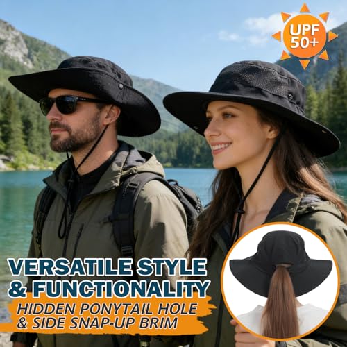 Cooling Sun Bucket Hat, UPF 50+ Wide Brim Boonie Hat with Ponytail Hole - color: 01 Black
