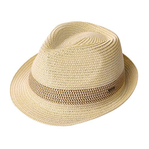 Fancet Packable Straw Fedora Panama Sun Summer Beach Hat Cuban Trilby Men Women 56-67cm - color: Beige, size: X-Large