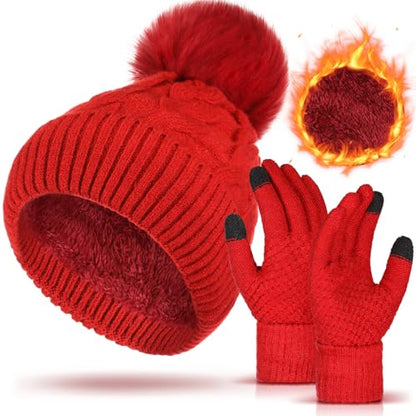 Womens Winter Fleece Lined Knitted Beanie Hat Glove Set, Warm Pom Pom Beanie Knit Cap Touchscreen Gloves for Women - color: Wine Red