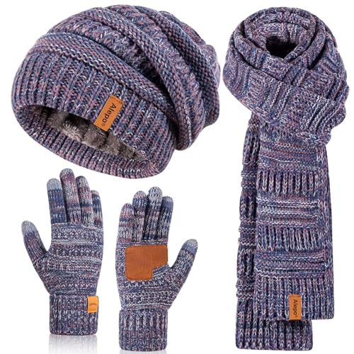 Winter Beanie Hat Scarf Gloves Set for Women, Slouchy Beanie Long Scarf Touchscreen Gloves, Warm 3 in 1 Set - color: Multicolor-03
