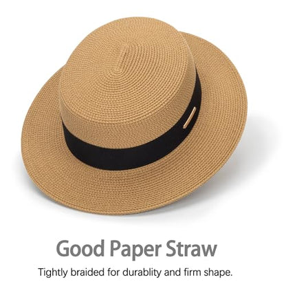 Straw Boater Summer Sun Hat - Wide Brim Fedora Panama Beach Hat for Women - color: Khaki10