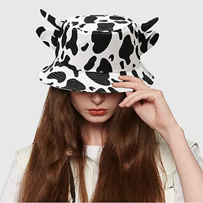 Unisex Bucket Hat Summer UPF 50+ Sun Protection Outdoor Beach Fishing Travel Hiking Hat - color: Cow Print Horns and Ears