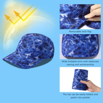 BASSDASH UPF 50+ Fishing Hat, Baseball Cap with Removable Neck Flap - color: Blue Camo With Foldable Brim