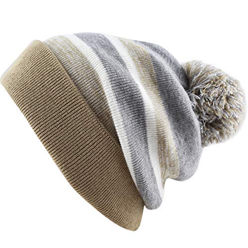 Winter Knit Beanie Hat with Pom Pom – Warm Cuffed Slouch Ski Cap for Men & Women - color: 1.khaki and Grey With Pom