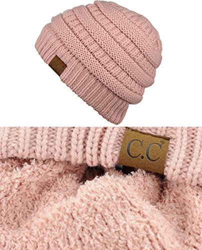 C.C Unisex Chunky Soft Stretch Cable Knit Warm Fuzzy Lined Skully Beanie - color: Indi Pink