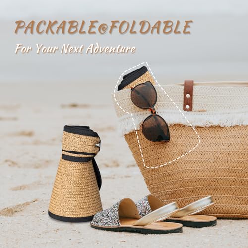 Women's Sun Visor Hats Wide Brim Straw Beach Hat Ponytail Hats for Women Foldable Floppy - color: 1pack-khakiblack