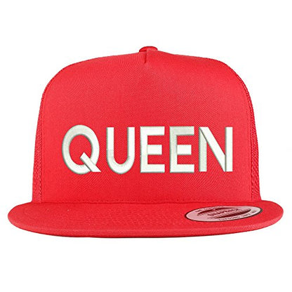 Trendy Apparel Shop Queen Embroidered 5 Panel Flat Bill Trucker Mesh Back Cap - color: Red