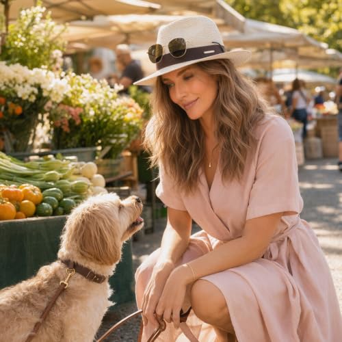 Straw Panama Hat for Men Women, Beach Sun Fedora Hat - color: Off White-brown