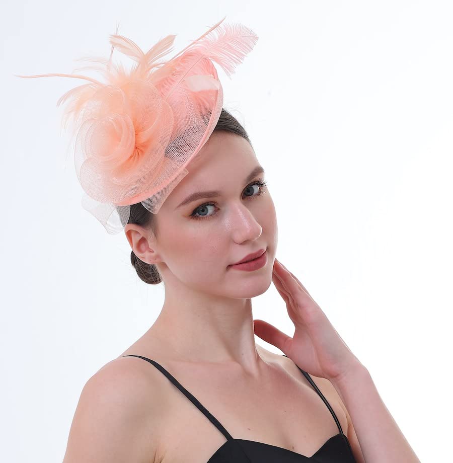 Fascinator Hat with Feather and Mesh – Floral Headpiece for Tea Party, Wedding, Cocktail Event - color: Champange