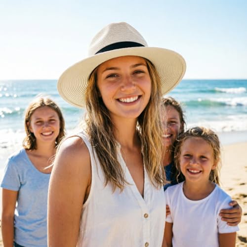 DRESHOW Women Straw Panama Hat Travel Fedora Beach Sun Hat Summer Wide Brim Straw Roll up Hats UPF 50+ - color: Fedora a Ivory