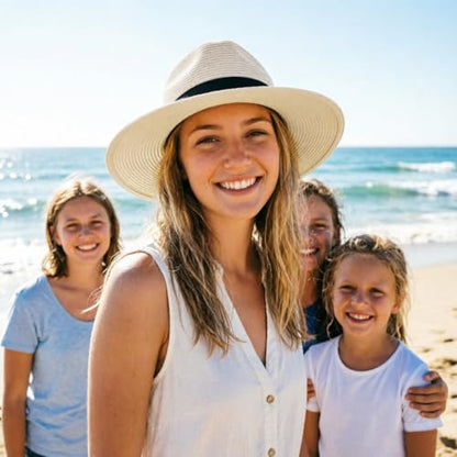 DRESHOW Women Straw Panama Hat Travel Fedora Beach Sun Hat Summer Wide Brim Straw Roll up Hats UPF 50+ - color: Fedora a Ivory
