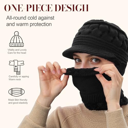 Womens Winter Beanie Hats, Winter Scarf Mask Set for Women - color: Black
