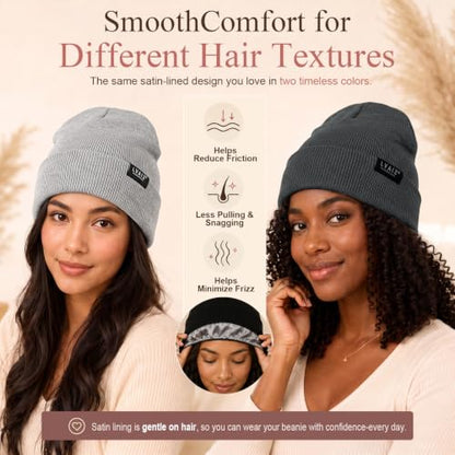 2 Pack Satin Lined Beanies for Men and Women Warm Cuffed Winter Hats - color: Dark Grey+light Grey