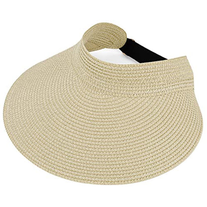 Women Summer Sun Hat Lady's Portable Beach Visor Bowknot Straw Hat - color: Beige 6