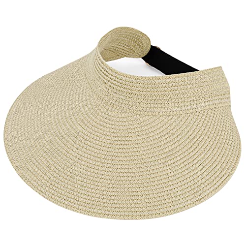 Women Summer Sun Hat Lady's Portable Beach Visor Bowknot Straw Hat - color: Beige 6