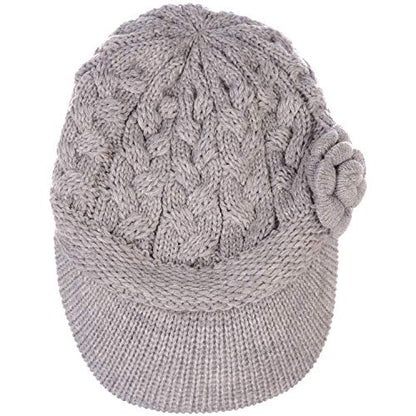BYOS Womens Winter Chic Cable Warm Fleece Lined Crochet Knit Hat W/Visor Newsboy Cabbie Cap - color: Cable W/ Flower Beige