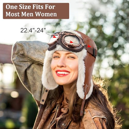 Peicees Vintage Aviator Hat And Goggles Pilot Hat Costume for Adult Leather Trapper Hat With Fur Ear Flaps Winter Warm