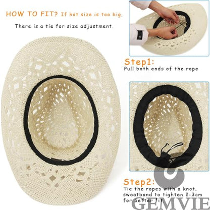 GEMVIE Men & Women's Summer Cowboy Cowgirl Straw Hat Hollow Out Style Roll Up Brim Cowboy Sun Hat - color: Khaki