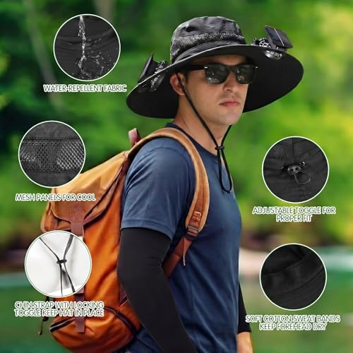 Syhood Solar Powered Fan Hat Neck Gaiter Arm Sleeves Sun Bucket Hat with Fan Cooling Wide Brim Hats for Fishing Hiking - color: Black, style: Breathable