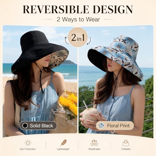 HUAMULAN Wide Brim Women Summer Sun Floppy Hat Reversible Beach Bucket Hat - color: M2320-black