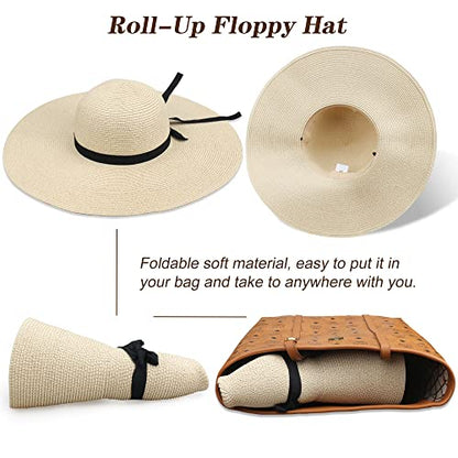 Women Wide Brim Sun Hat UPF50 Straw Summer Hat Floppy Beach Hat Roll-Up - color: Tie Beige