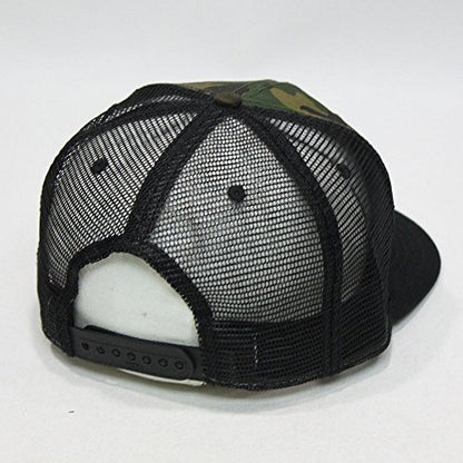 Plain Cotton Twill Flat Brim Mesh Adjustable Snapback Trucker Baseball Cap - color: Black/Camo/Black