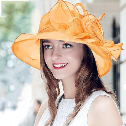 Women's Organza Derby Fascinator Hat Cloche Bowler Hat Cocktail Tea Party Wedding Sun Hat - color: B-orange