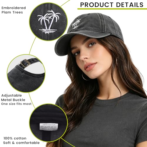 Plam Trees Hats Embroidered Washed Cotton Baseball Cap for Men Women Distressed Black Snapback Baseball Hat Adjustable - color: Plam Tree