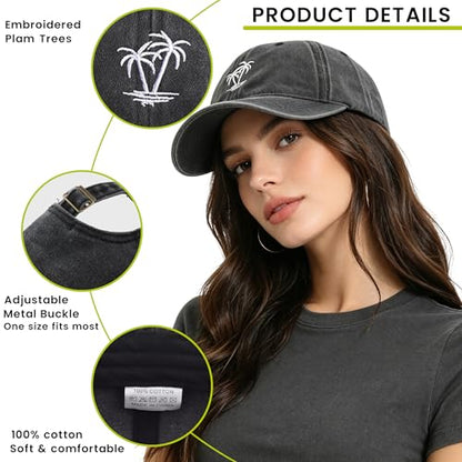 Plam Trees Hats Embroidered Washed Cotton Baseball Cap for Men Women Distressed Black Snapback Baseball Hat Adjustable - color: Plam Tree
