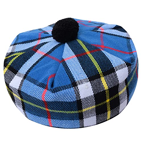 HAAUR Scottish Tammy Hat Traditional Kilt Tam o' Shatner Acrylic Wool Flat Bonnet Various Tartans with Pompom One Size - color: Blue Thompson