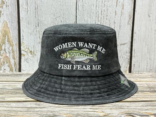 Women Want Me Fish Fear Me Embroidered Bucket Hat for Men Boy - color: Women Want Me - Washed Black
