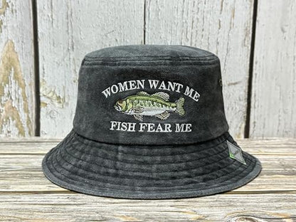 Women Want Me Fish Fear Me Embroidered Bucket Hat for Men Boy - color: Women Want Me - Washed Black