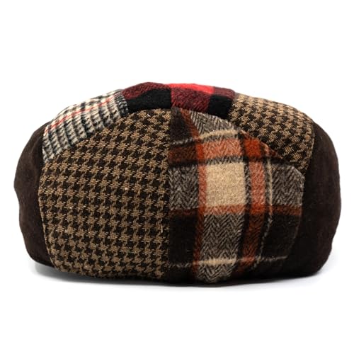 Men's Classic Patchwork Herringbone Checker Plaid Newsboy Ivy Hat Flat Cap - color: Red, size: Large-X-Large
