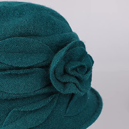Wool Cloche Bucket Hat for Women 1920s Floral Bowler Cap Elegant Church Dress Cap Winter Warm Fedora Hat - color: Green