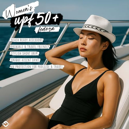 Funky Junque Short Brim Fedora Packable Sun Hat for Women - color: White