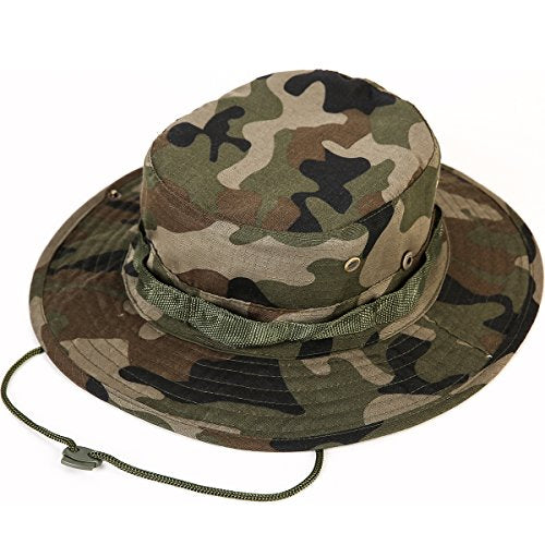 Wide Brim Boonie Hat, Men & Women Top Camo Bucket Hats for Safari Military Beach - color: Coffee Camouflage