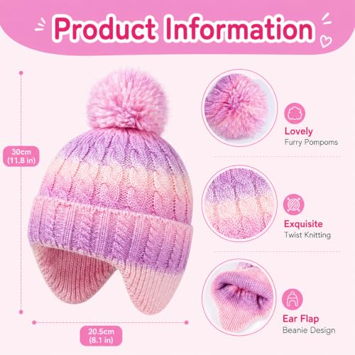 Girls Rainbow Earflap Beanie, Kids Pom Pom Knit Winter Ski Hat Ages 3-8 - color: Pompom - Pink/Purple