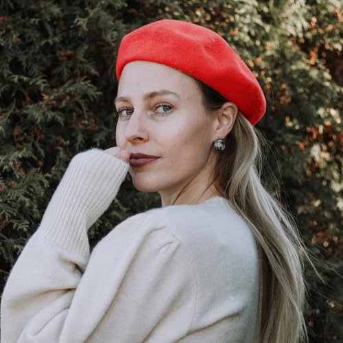 Lanzom Wool Blend Women Beret Hat French Beret Cap Winter Fashion Solid Color Hat for Women Girls Lady - color: Red