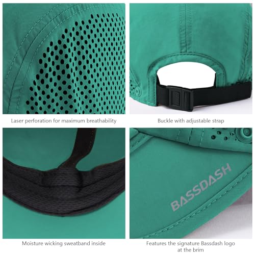 BASSDASH UPF 50+ Fishing Hat, Baseball Cap with Removable Neck Flap - color: Aqua Green With Foldable Brim