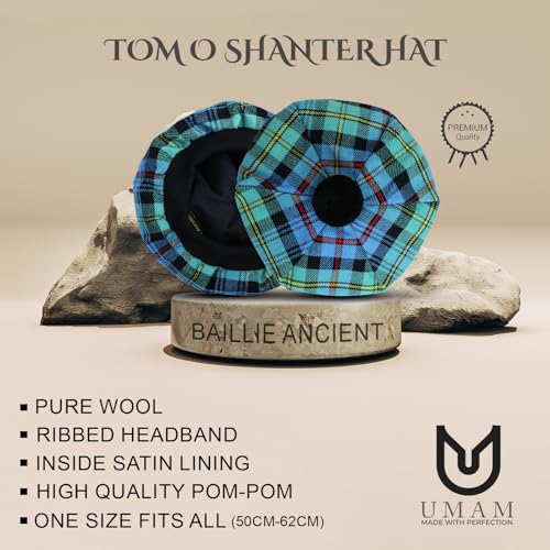 Scottish Tam O’ Shanter Hat Tartan Bonnet Pom Pom Wool Flat Cap One Size - color: Baillie Ancient